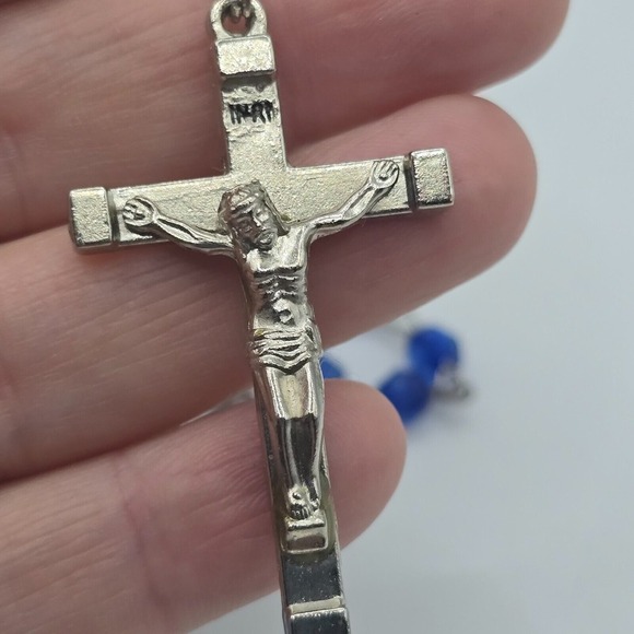 Catholic Rosary Plastic‎ Blue Facet Beads Silver Tone Cross - Picture 5 of 8
